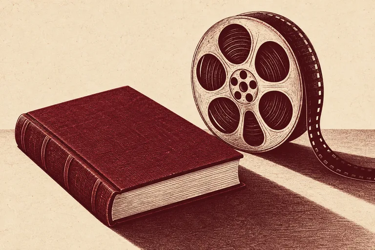 A linocut-style illustration of a book and film reel.